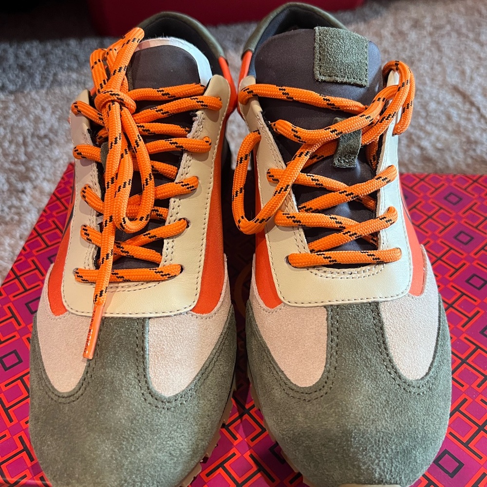 Tory Burch Orange and Green suede Sneakers